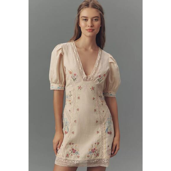 New Anthropologie Linen Blend Puff-Sleeve V-Neck Mini Dress $228 SIZE 12 Neutral - Picture 3 of 6